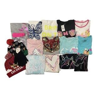 Girls 17 pc Clothes Lot Hello Kitty Unicorn Pjs Hoodie Tees Tank Hat Gloves New